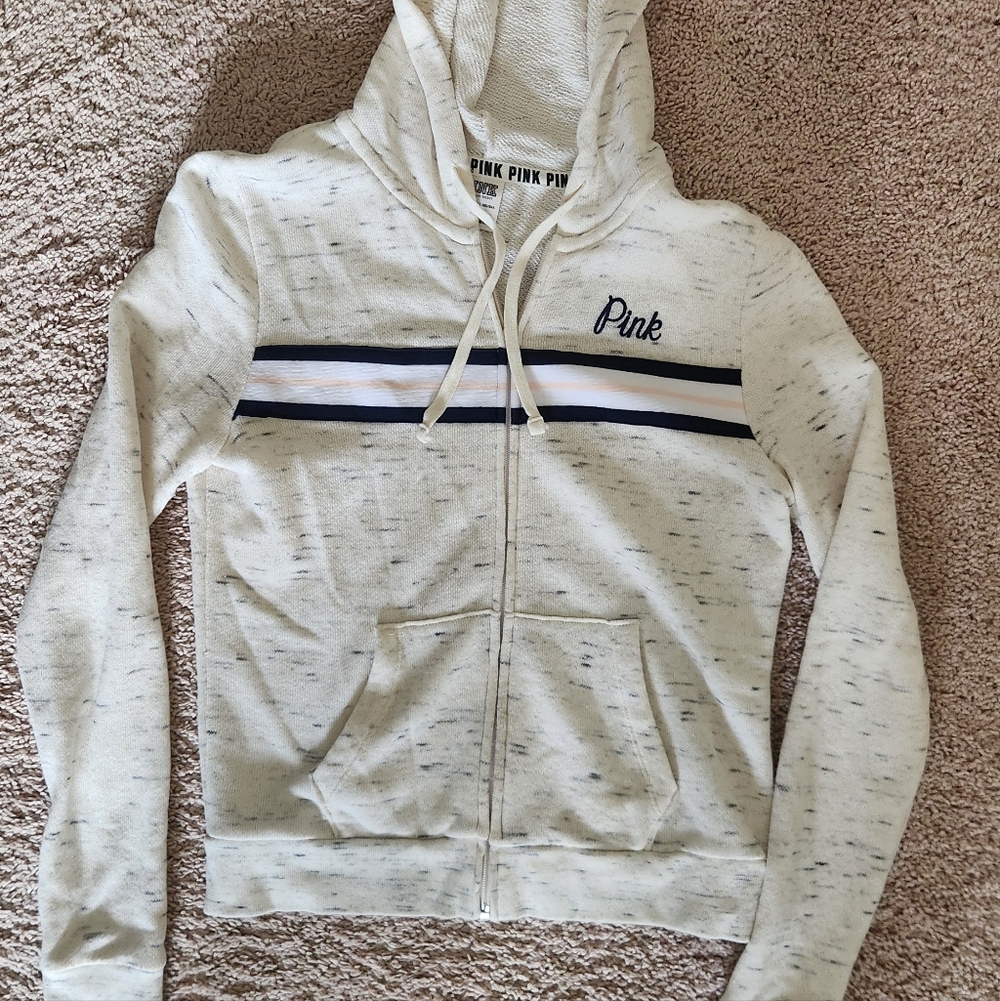 Victoria's Secret Pink Perfect Full Zip Hoodie Oatmeal Navy Blue Size XSmall